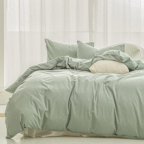 FOSSA Duvet Cover Set 100% Washed Cotton Linen Feel Super Soft Breathable Cozy Simple Style 3 Pieces Bedding Sets Solid Sage Green Queen