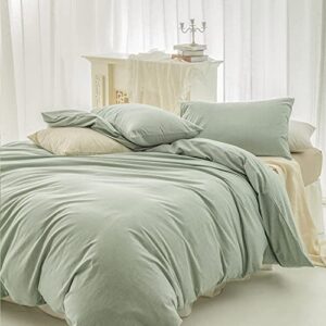 FOSSA Duvet Cover Set 100% Washed Cotton Linen Feel Super Soft Breathable Cozy Simple Style 3 Pieces Bedding Sets Solid Sage Green Queen