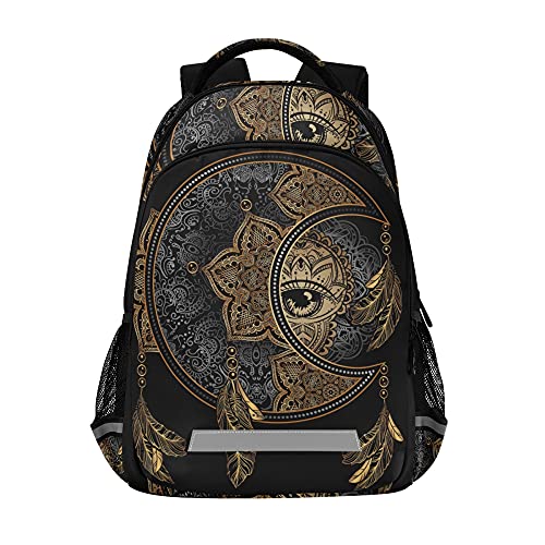 ALAZA Boho Chic Golden Crescent Moon & Sun Mandala Backpack Purse for Women Men Personalized Laptop Notebook Tablet School Bag Stylish Casual Daypack, 13 14 15.6 inch