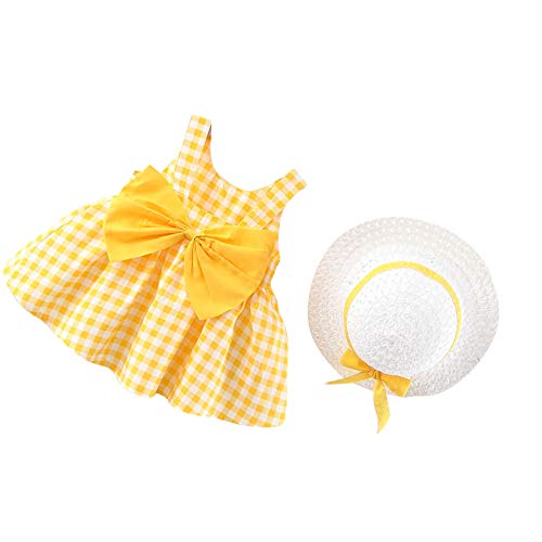 Camidy Infant Baby Girl Polka Dots Bowknot Dress Sleeveless Sundress with Straw Hat for 0-3Y