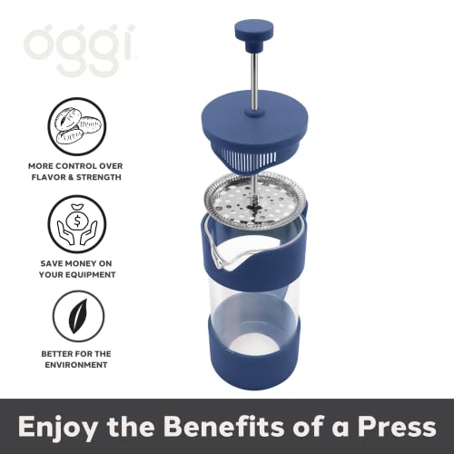 Oggi French Press Coffee Maker (12oz)- Borosilicate Glass, Coffee Press, Single Cup French Press, 3 cup Capacity, Blue