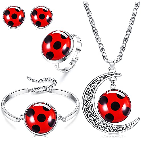 HAIAISO Good Luck Ladybug Jewelry Red Ladybug Bracelet Moon Necklace Ring Stud Set Halloween Cosplay Jewelry Ladybug Lover Gift for Women Girls(Ladybug)