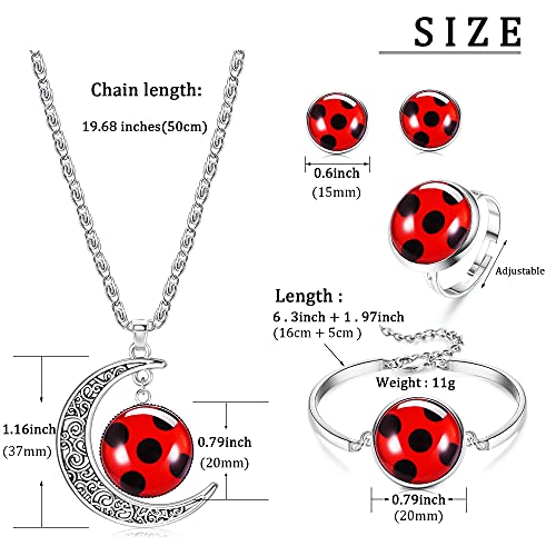 HAIAISO Good Luck Ladybug Jewelry Red Ladybug Bracelet Moon Necklace Ring Stud Set Halloween Cosplay Jewelry Ladybug Lover Gift for Women Girls(Ladybug)