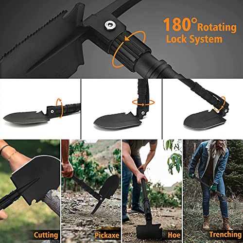 FLYEGO Folding Camping Shovel, Multifunctional Military Shovel Portable Metal Detecting Shovel High Carbon Steel Entrenching Tool for Camping, Car Emergency, Hiking, Garden, Trenching, Backpacking