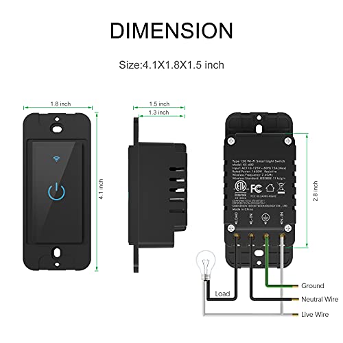 Smart Switch 2.4GHz WiFi Light Switch 2Pack Compatible with Alexa and Google Home, Single Pole, Needs Neutral Wire (Black)