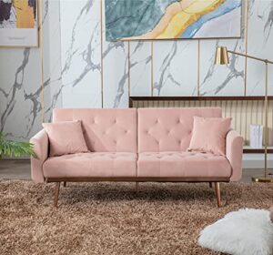 sleerway velvet futon sofa bed with 5 golden metal legs, sleeper sofa couch with two pillows, convertible loveseat for living room and bedroom, pink