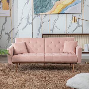 SLEERWAY Velvet Futon Sofa Bed with 5 Golden Metal Legs, Sleeper Sofa Couch with Two Pillows, Convertible Loveseat for Living Room and Bedroom, Pink