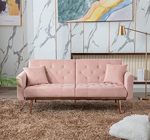 SLEERWAY Velvet Futon Sofa Bed with 5 Golden Metal Legs, Sleeper Sofa Couch with Two Pillows, Convertible Loveseat for Living Room and Bedroom, Pink