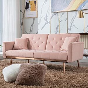 SLEERWAY Velvet Futon Sofa Bed with 5 Golden Metal Legs, Sleeper Sofa Couch with Two Pillows, Convertible Loveseat for Living Room and Bedroom, Pink