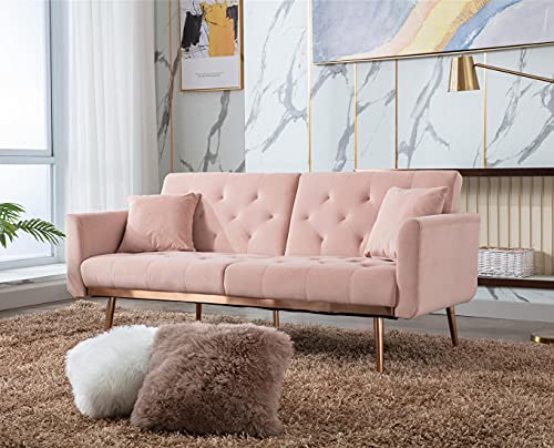 SLEERWAY Velvet Futon Sofa Bed with 5 Golden Metal Legs, Sleeper Sofa Couch with Two Pillows, Convertible Loveseat for Living Room and Bedroom, Pink