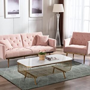 SLEERWAY Velvet Futon Sofa Bed with 5 Golden Metal Legs, Sleeper Sofa Couch with Two Pillows, Convertible Loveseat for Living Room and Bedroom, Pink