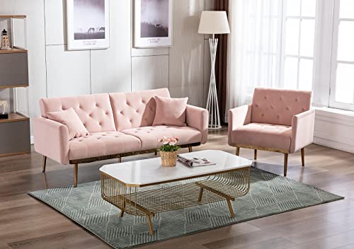 SLEERWAY Velvet Futon Sofa Bed with 5 Golden Metal Legs, Sleeper Sofa Couch with Two Pillows, Convertible Loveseat for Living Room and Bedroom, Pink