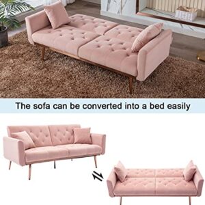 SLEERWAY Velvet Futon Sofa Bed with 5 Golden Metal Legs, Sleeper Sofa Couch with Two Pillows, Convertible Loveseat for Living Room and Bedroom, Pink