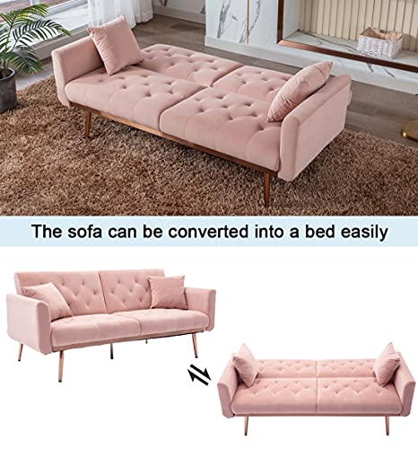 SLEERWAY Velvet Futon Sofa Bed with 5 Golden Metal Legs, Sleeper Sofa Couch with Two Pillows, Convertible Loveseat for Living Room and Bedroom, Pink