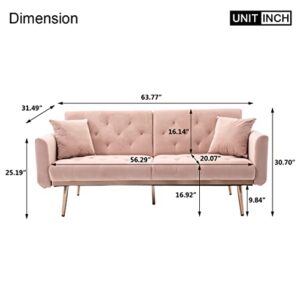 SLEERWAY Velvet Futon Sofa Bed with 5 Golden Metal Legs, Sleeper Sofa Couch with Two Pillows, Convertible Loveseat for Living Room and Bedroom, Pink