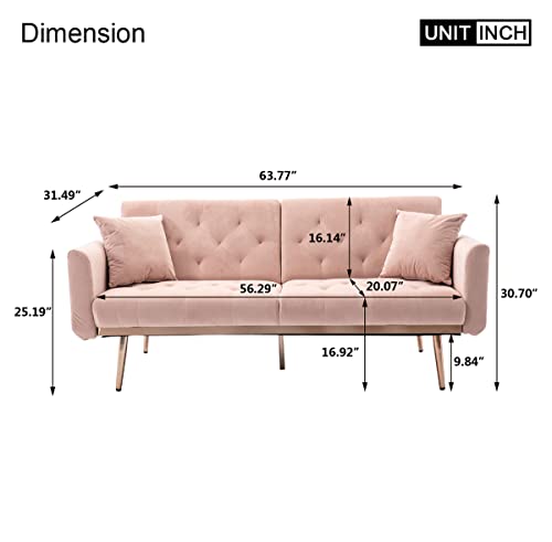 SLEERWAY Velvet Futon Sofa Bed with 5 Golden Metal Legs, Sleeper Sofa Couch with Two Pillows, Convertible Loveseat for Living Room and Bedroom, Pink