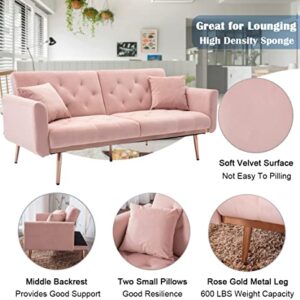 SLEERWAY Velvet Futon Sofa Bed with 5 Golden Metal Legs, Sleeper Sofa Couch with Two Pillows, Convertible Loveseat for Living Room and Bedroom, Pink