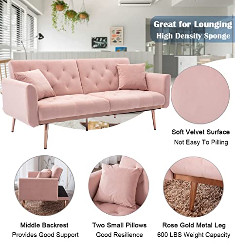 SLEERWAY Velvet Futon Sofa Bed with 5 Golden Metal Legs, Sleeper Sofa Couch with Two Pillows, Convertible Loveseat for Living Room and Bedroom, Pink