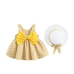 little girls party summer tutu dresses bowknot flower dress with straw hat princess birthday party outfits sundress playwear sandy beach wear photo shoot suit yellow 18-24 months