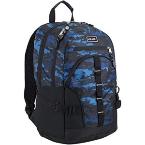 fuel dynamo active backpack, fits most laptops up to 15", front access pockets, padded lumbar, comfortable, adjustable straps - black/blue camo