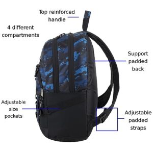 FUEL Dynamo Active Backpack, Fits Most Laptops up to 15", Front Access Pockets, Padded Lumbar, Comfortable, Adjustable Straps - Black/Blue Camo