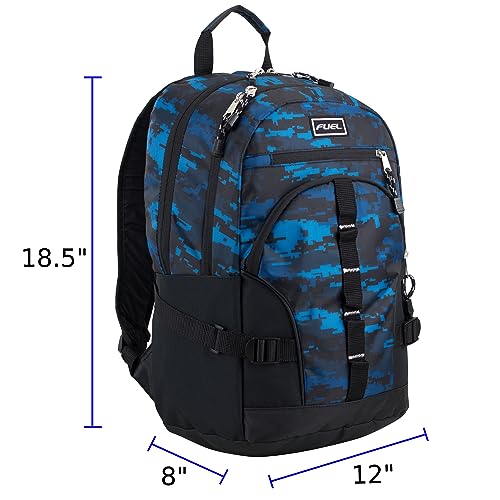 FUEL Dynamo Active Backpack, Fits Most Laptops up to 15", Front Access Pockets, Padded Lumbar, Comfortable, Adjustable Straps - Black/Blue Camo