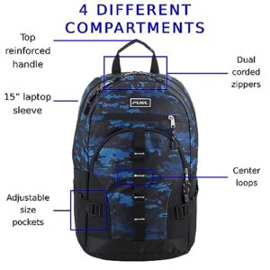 FUEL Dynamo Active Backpack, Fits Most Laptops up to 15", Front Access Pockets, Padded Lumbar, Comfortable, Adjustable Straps - Black/Blue Camo