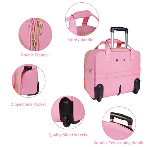 Rolling Briefcase for Women, Large Rolling Laptop Bag with Wheels Fits 17 Inch Notebook Gifts for Office Women, Water Resistance Teacher Work Computer Travel Carry on Weekender Bags on Wheel, Pink