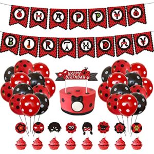 Lady Bug Birthday Party Decorations Supplies Set with Ladybird Happy Birthday Banner, Ladybeetle Cake Cupcake Toppers, Black Red Latex Balloons for Kids 1st Baby Shower Lady Bug Birthday Decoration