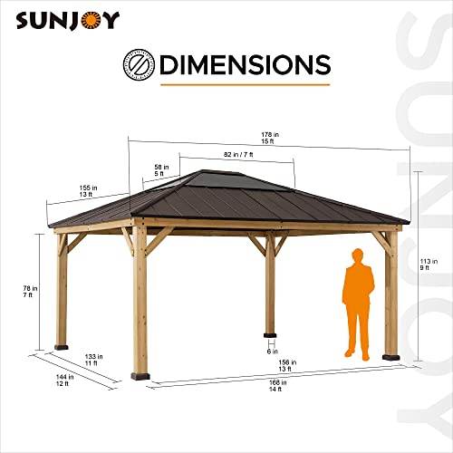 Sunjoy Hardtop Gazebo 13 x 15 ft. Standard Cedar Framed Wood Gazebo with Brown Steel and Polycarbonate Hip Roof Hardtop for Garden, Backyard Shade, Brown Roof + Natural Wood Frame