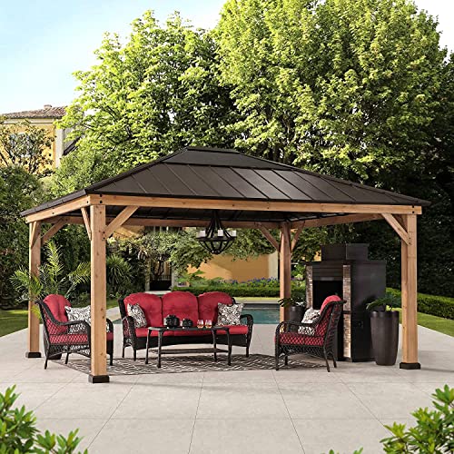 Sunjoy Hardtop Gazebo 13 x 15 ft. Standard Cedar Framed Wood Gazebo with Brown Steel and Polycarbonate Hip Roof Hardtop for Garden, Backyard Shade, Brown Roof + Natural Wood Frame