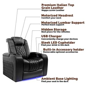 Valencia Tuscany Recliner | Premium Top Grain Italian Nappa 11000 Leather, Power Reclining, Power Lumbar Support, Power Headrest (Single Recliner, Black)