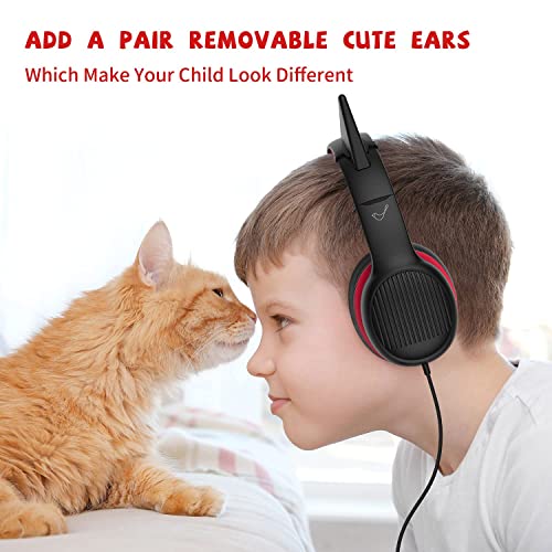 Kids Headphones, 85dB Volume Limiting - Toddler Headphones for Detachable Cat Ear, Wired Headphones with Sharing Splitter, Foldable Stereo Over-Ear Headphones for School/Travel/iPad/Kindle (black)