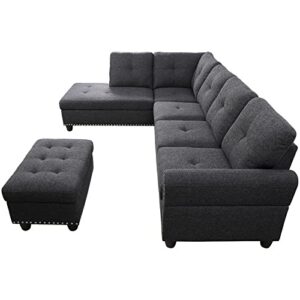 devion furniture polyester fabric sectional sofa with ottoman-dark gray