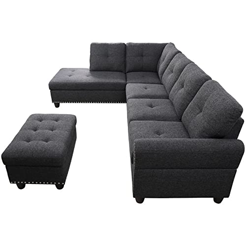 Devion Furniture Polyester Fabric Sectional Sofa with Ottoman-Dark Gray