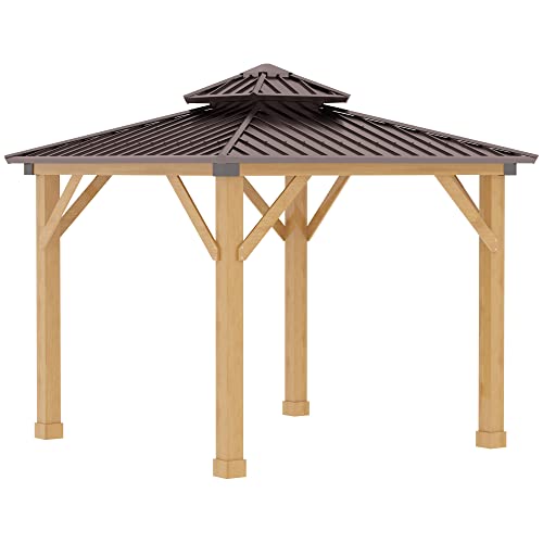 Outsunny 10' x 10' Hardtop Gazebo with Galvanized Steel Double Roof, Wooden Frame, Permanent Pavilion with Ceiling Light Hook, for Garden, Patio, Backyard