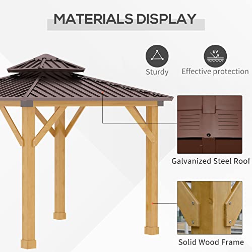 Outsunny 10' x 10' Hardtop Gazebo with Galvanized Steel Double Roof, Wooden Frame, Permanent Pavilion with Ceiling Light Hook, for Garden, Patio, Backyard