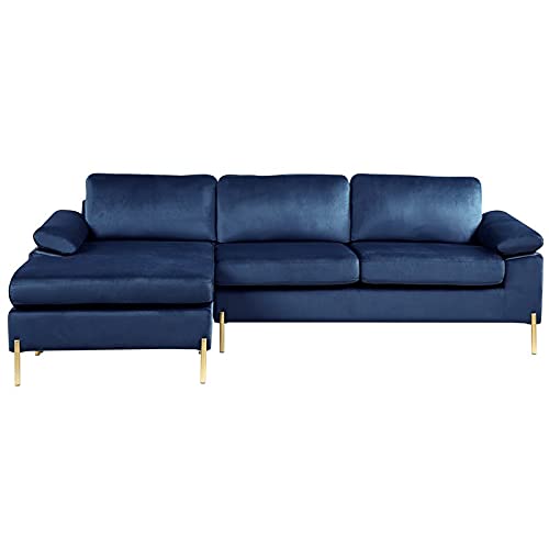 Devion Furniture Modern Velvet Sectional Sofa in Blue/Gold Legs