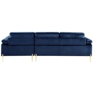 Devion Furniture Modern Velvet Sectional Sofa in Blue/Gold Legs