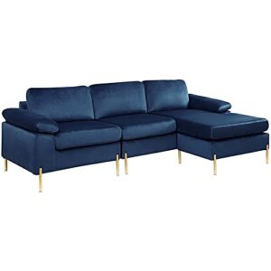 Devion Furniture Modern Velvet Sectional Sofa in Blue/Gold Legs