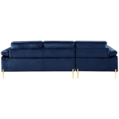 Devion Furniture Modern Velvet Sectional Sofa in Blue/Gold Legs