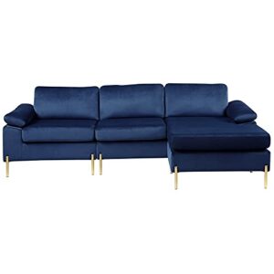 Devion Furniture Modern Velvet Sectional Sofa in Blue/Gold Legs