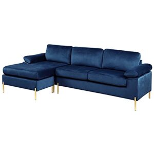 Devion Furniture Modern Velvet Sectional Sofa in Blue/Gold Legs