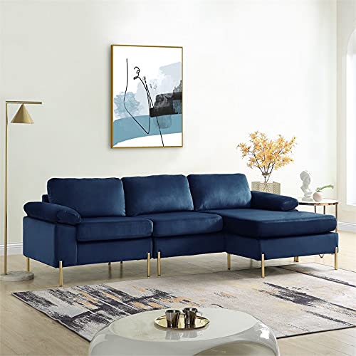 Devion Furniture Modern Velvet Sectional Sofa in Blue/Gold Legs