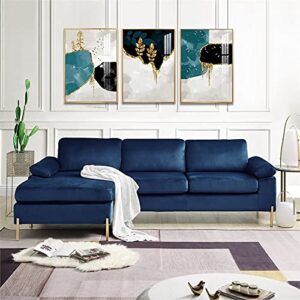 Devion Furniture Modern Velvet Sectional Sofa in Blue/Gold Legs