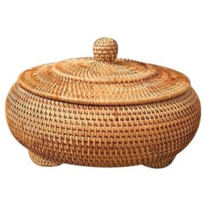 kodeng round rattan boxes with lid hand-woven multi-purpose wicker tray 11 inch picnic food bread table storage basket (28x13cm)