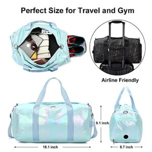 Gym Bag Sports Duffle Bag with Wet Pocket Weekender Overnight Bag with Waterproof Shoe Pouch and Air Hole for Girls Kids Women Travel Foldable Bag (Green)