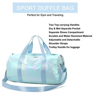 Gym Bag Sports Duffle Bag with Wet Pocket Weekender Overnight Bag with Waterproof Shoe Pouch and Air Hole for Girls Kids Women Travel Foldable Bag (Green)