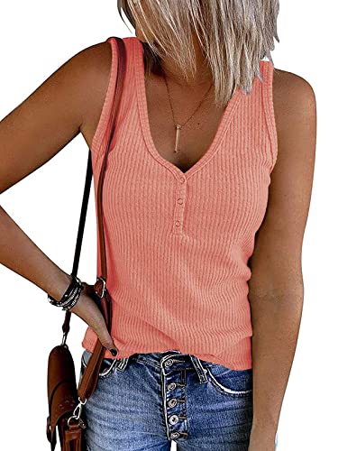 MEROKEETY Womens V Neck Tank Tops Summer Sleeveless Ribbed Button Casual Henley Shirts Salmon