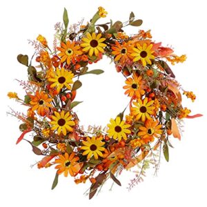 fall front door wreath,20” artificial floral wreath with orange daisies and foliage,autumn wreath with small pumpkin and berry for home wall window and thanksgiving decor-beautiful gift box included
